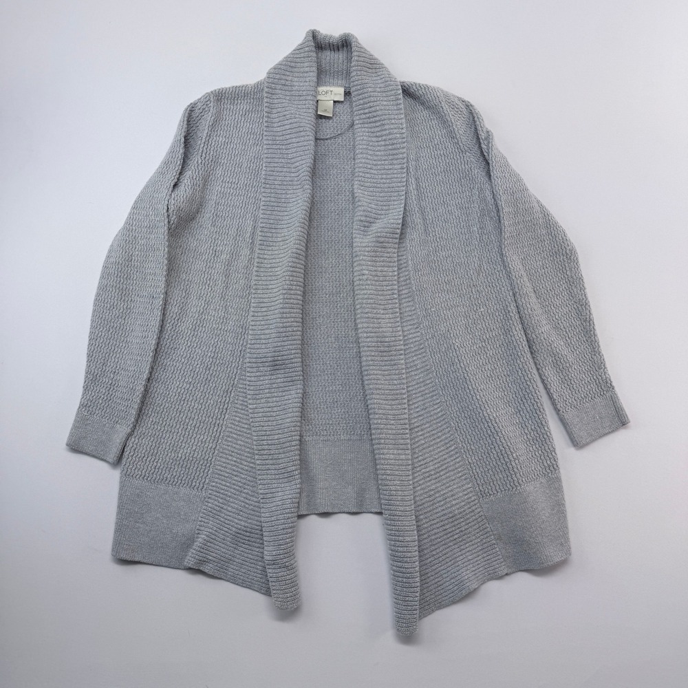 LOFT Petites Gray Waffle Knit Shawl Collar Open Front Cardigan Sweater SP Wool